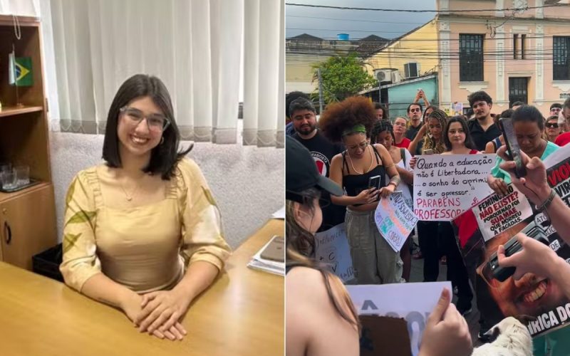 1 de 3 Manifestantes protestaram contra homenagem da Câmara de Santos à Eduarda Campopiano (à esq.)