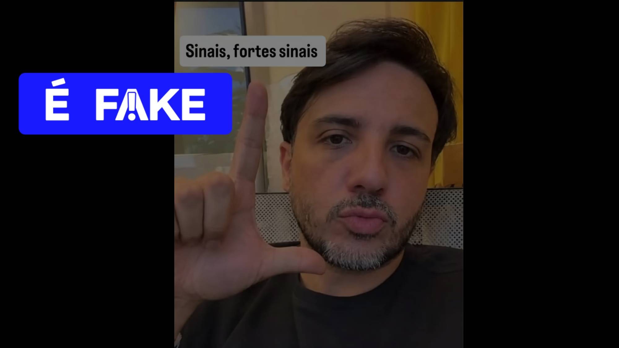 1 de 4 É #FAKE foto de Renan Santos fazendo gesto de apoio a Lula com os dedos; imagem foi criada com IA