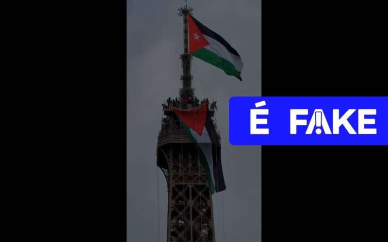 1 de 6 É #FAKE vídeo de bandeira da Palestina erguida no topo da Torre Eiffel; cena foi criada com IA