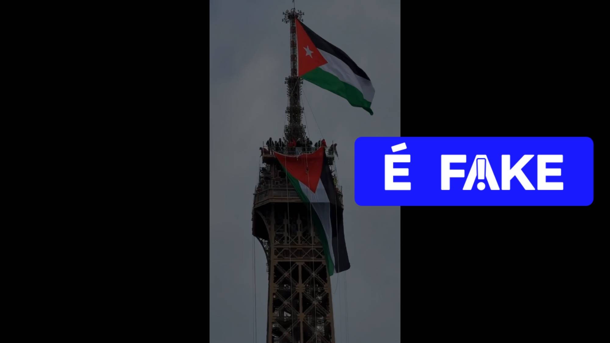 1 de 6 É #FAKE vídeo de bandeira da Palestina erguida no topo da Torre Eiffel; cena foi criada com IA