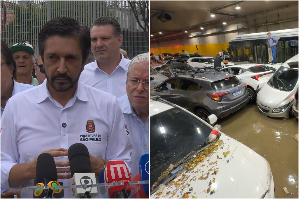 1 de 3 O prefeito de São Paulo, Ricardo Nunes, durante entrevista coletiva sobre o alagamento no túnel do Anhangabaú