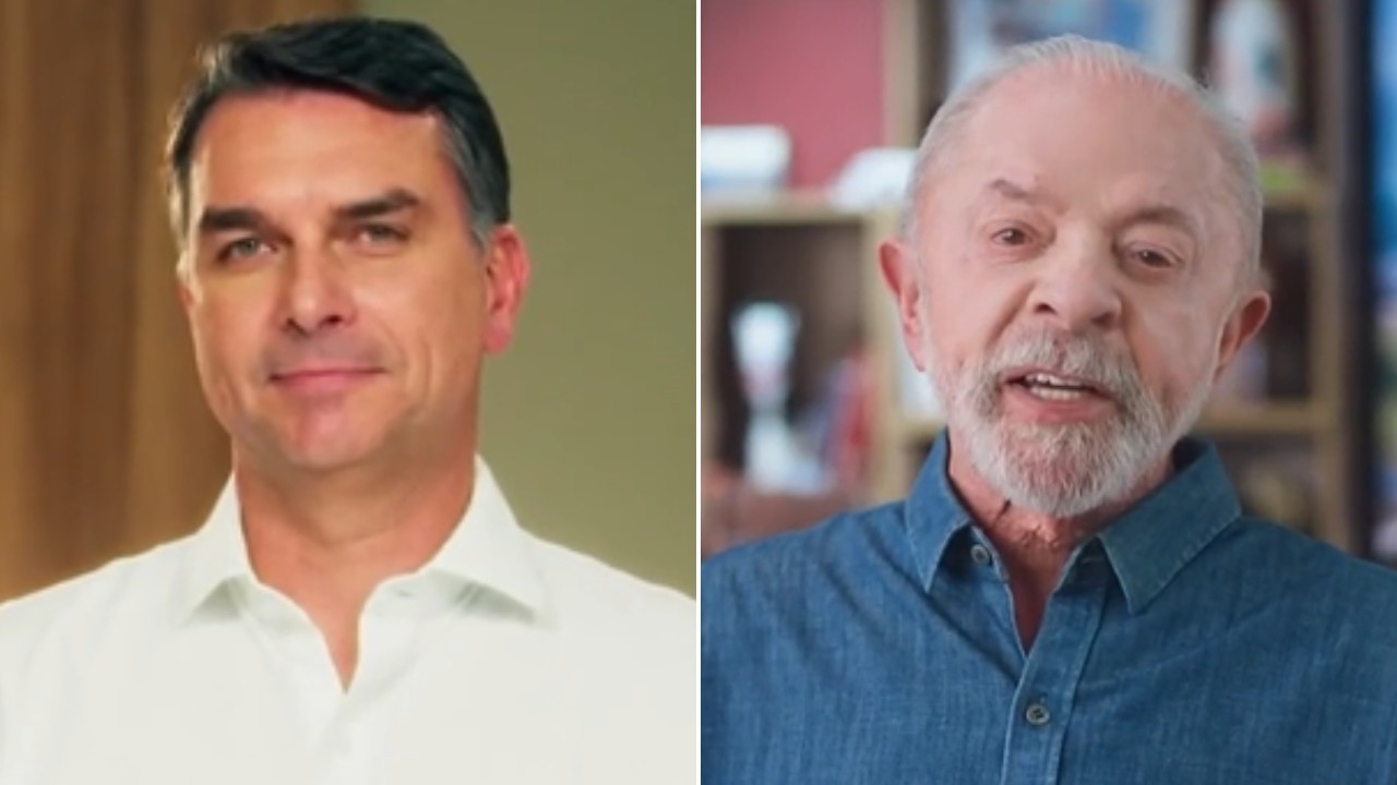 1 de 1 Flávio Bolsonaro (PL) e Lula (PT) durante o horário eleitoral gratuito dessa quarta-feira (21).