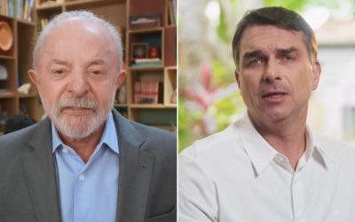 1 de 1 Lula (PT) e Flávio Bolsonaro (PL) durante propaganda eleitoral gratuita nesta quarta-feira (14).