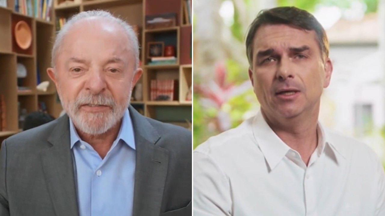 1 de 1 Lula (PT) e Flávio Bolsonaro (PL) durante propaganda eleitoral gratuita nesta quarta-feira (14).
