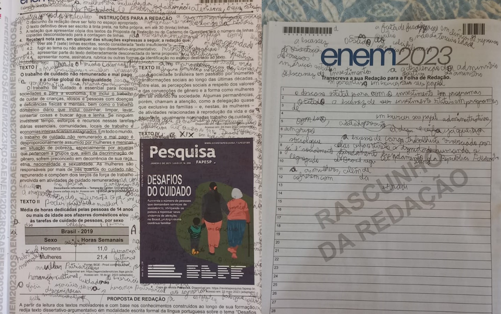 1 de 2 Rascunho da redação do Enem da estudante Caroline Souza, que tirou nota mil, em Goiânia, no Enem 2023