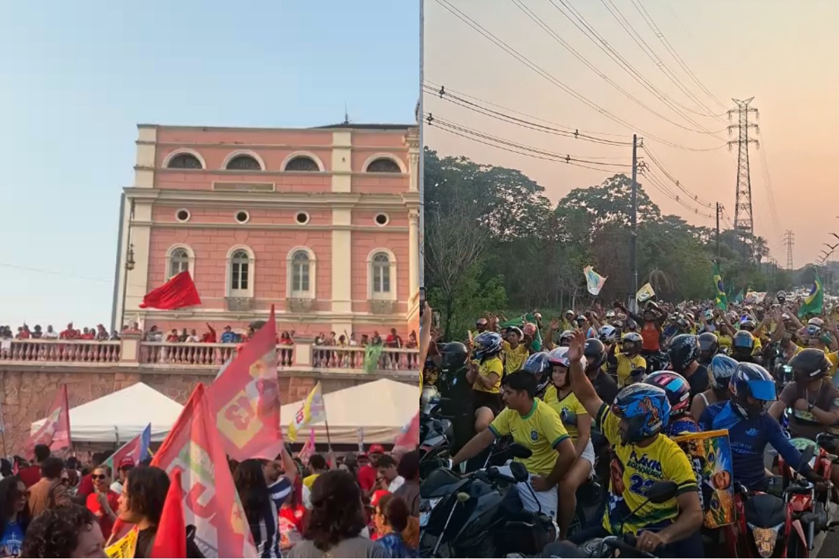 1 de 3 Apoiadores de Lula (PT) e Flávio Bolsonaro (PL) se reúnem na vespera da eleição, em Manaus.