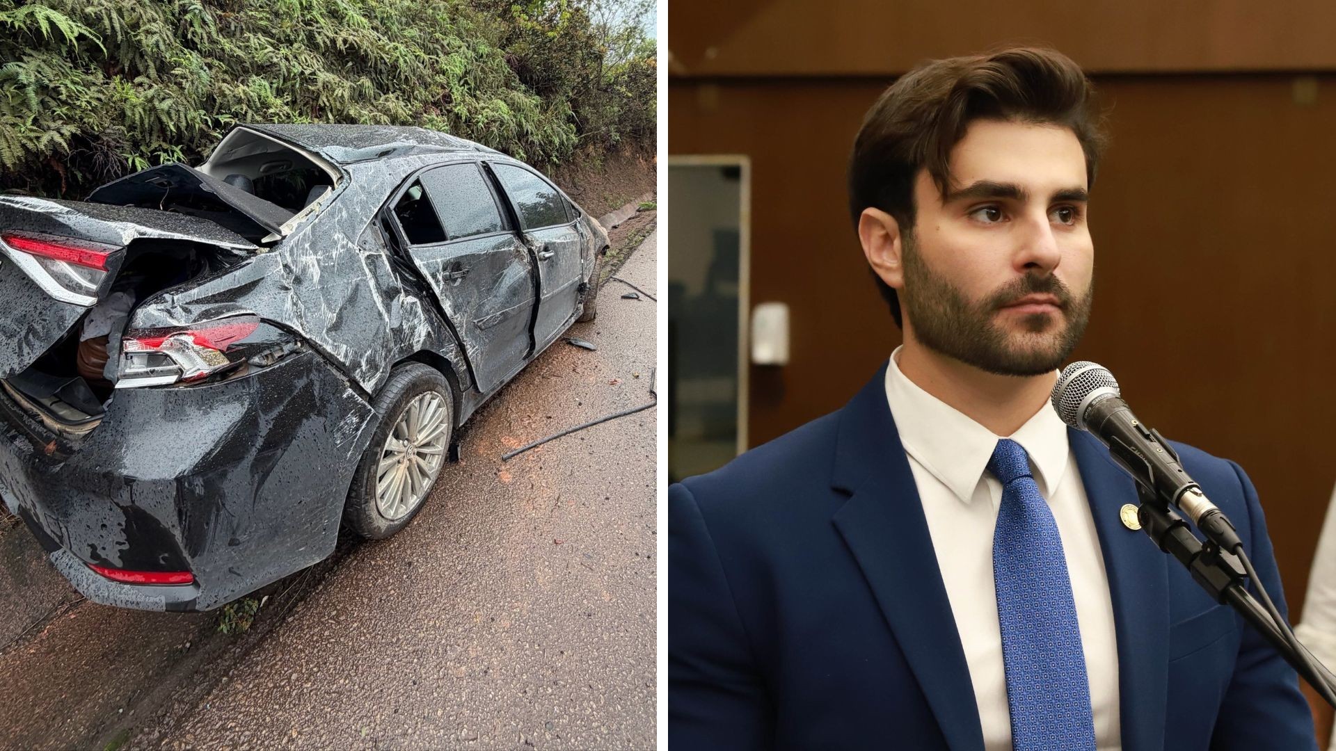 1 de 2 Montagem de fotos com carro envolvido em acidente e Pedro Rousseff (PT)