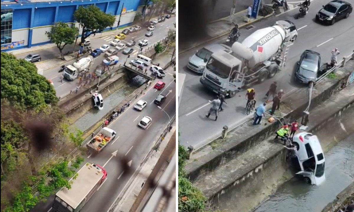 1 de 1 Carro caiu no canal do Rio Maracanã, na Tijuca, na manhã desta quarta-feira (28)