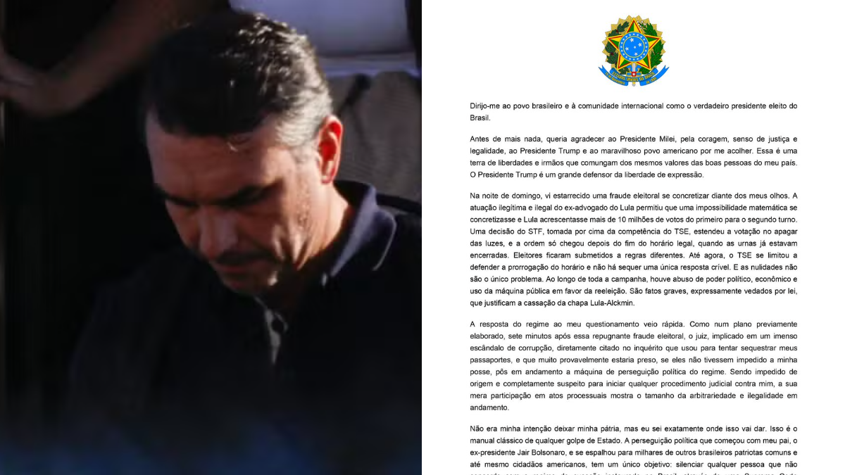 Flávio Bolsonaro se declara “verdadeiro presidente eleito”, denuncia fraude e anuncia oposição a Lula dos EUA