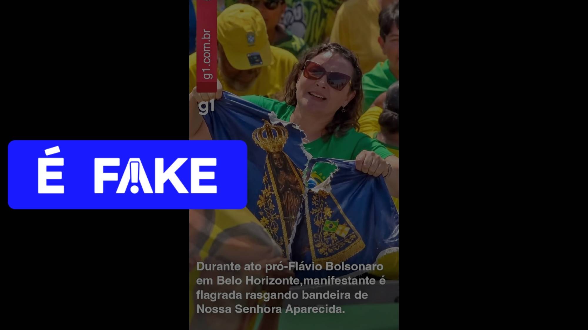 1 de 5 É #FAKE foto de mulher rasgando bandeira de Nossa Senhora Aparecida em ato de apoio a Flávio Bolsonaro; cena foi criada com IA