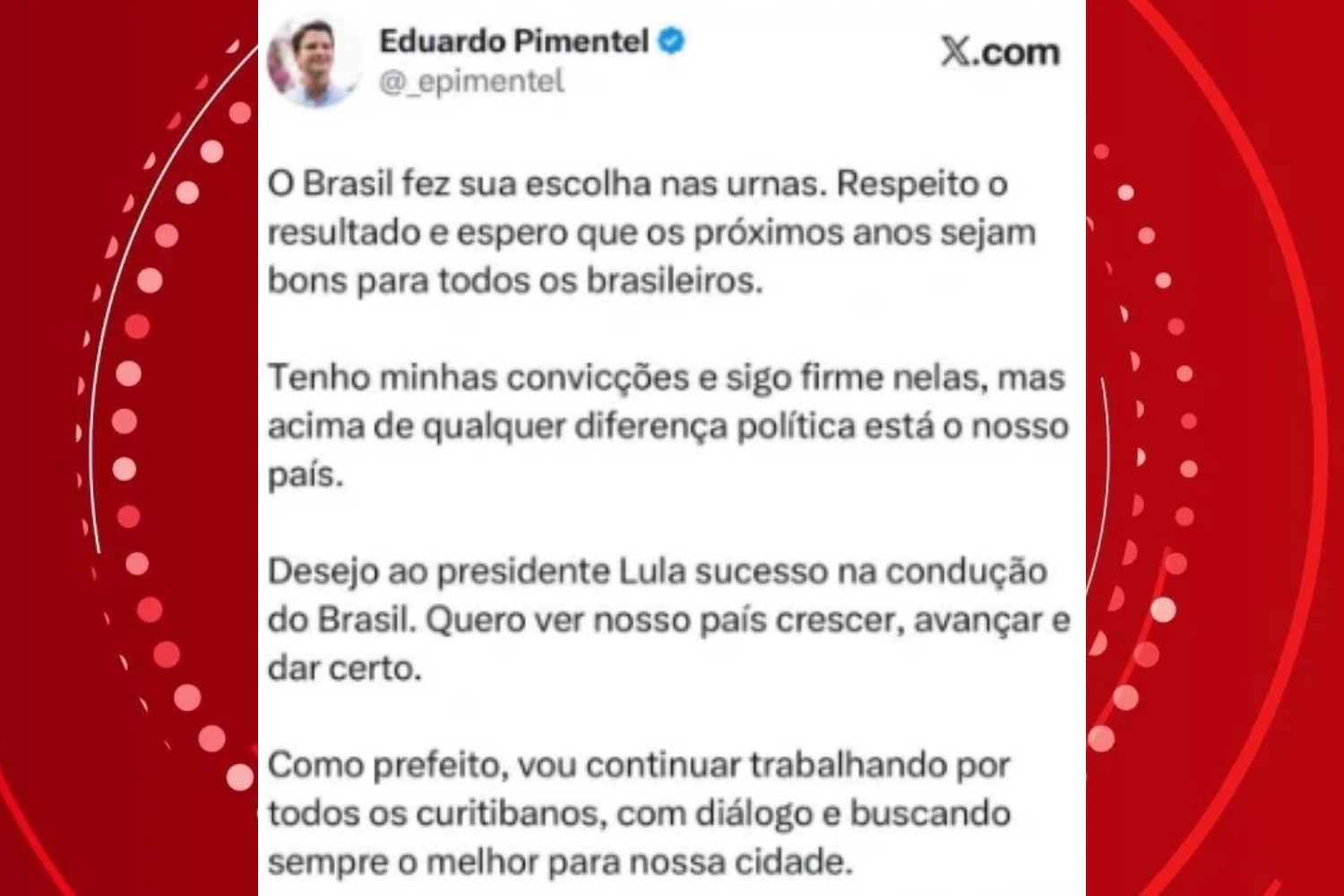 1 de 4 Prefeito de Curitiba, Eduardo Pimentel, se manifesta sobre vitória de Lula: 'O Brasil fez sua escolha nas urnas'