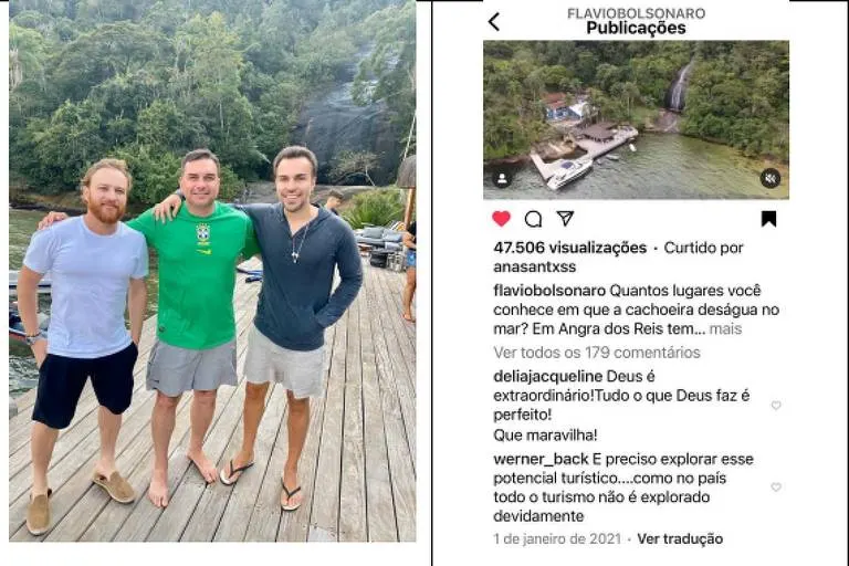 O candidato à presidência Flávio Bolsonaro (PL), em 25 de julho de 2020, na mansão em Angra dos Reis, atualmente em posse de Willer Tomaz. O senador aparece ao lado de funcionários do imóvel - Reprodução/TJ-SP