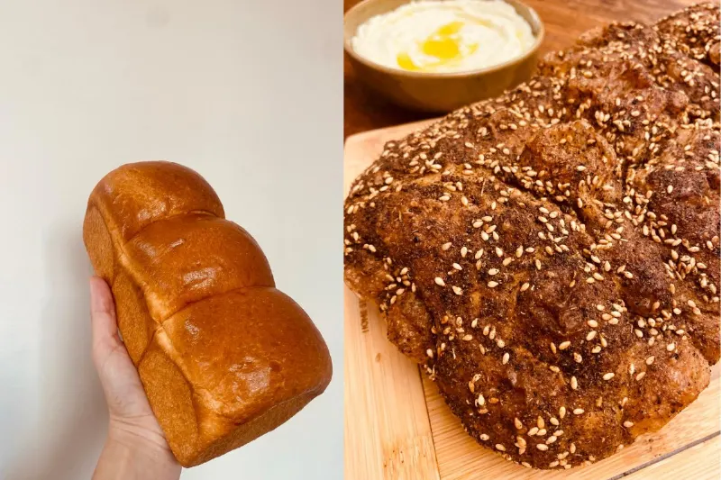 Pão Shokupan (à esq.) e Pão Focaccia (à dir.).