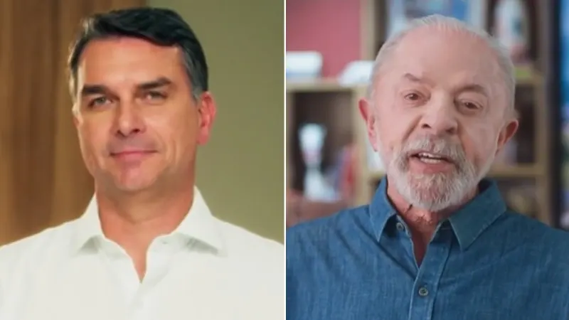 1 de 1 Flávio Bolsonaro (PL) e Lula (PT) durante o horário eleitoral gratuito dessa quarta-feira (21).