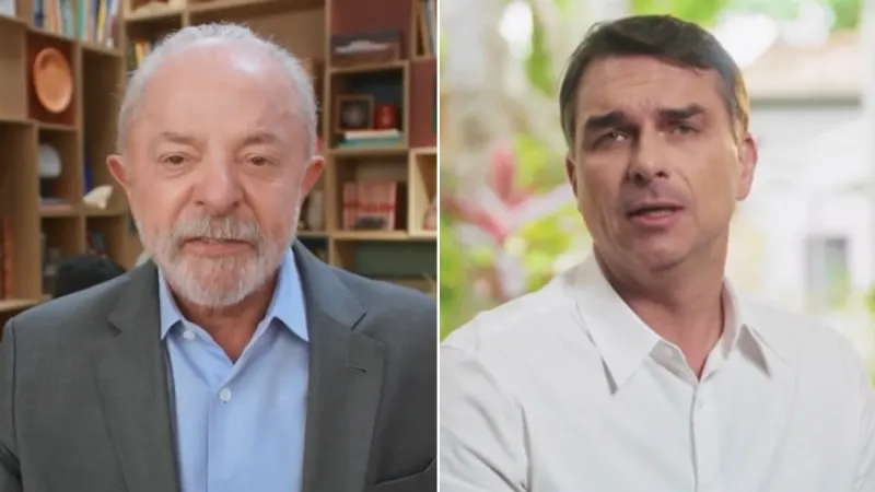 1 de 1 Lula (PT) e Flávio Bolsonaro (PL) durante propaganda eleitoral gratuita nesta quarta-feira (14).