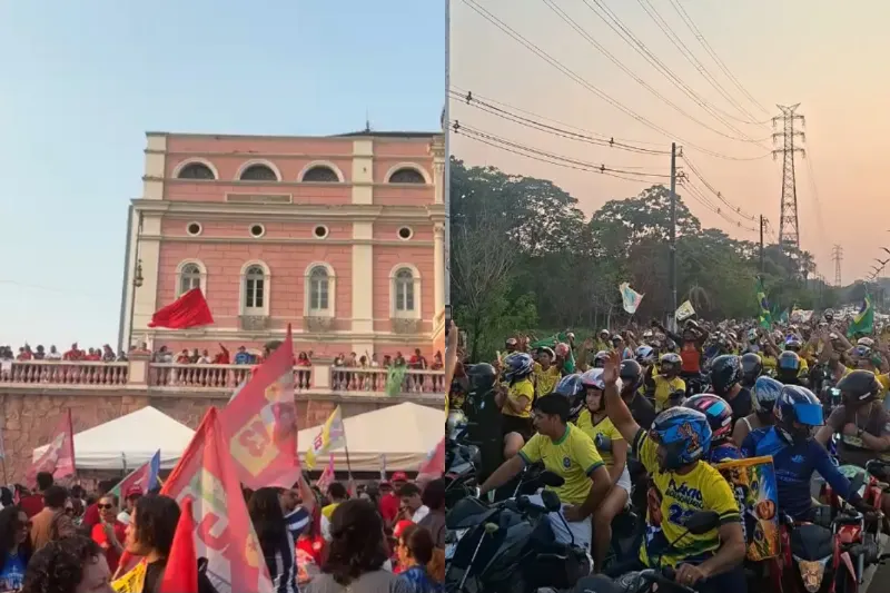 1 de 3 Apoiadores de Lula (PT) e Flávio Bolsonaro (PL) se reúnem na vespera da eleição, em Manaus.