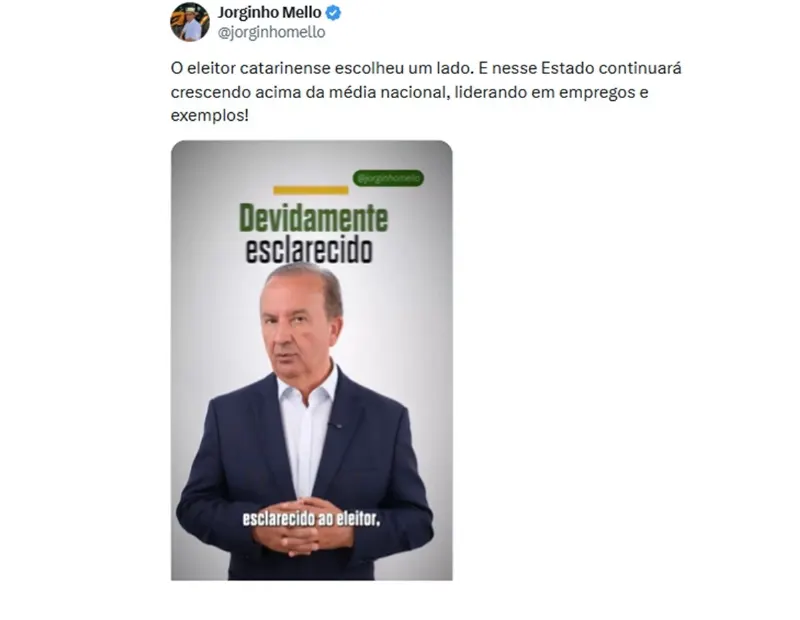 1 de 1 Postagem de Jorginho Mello após resultado das eleições no 2º turno